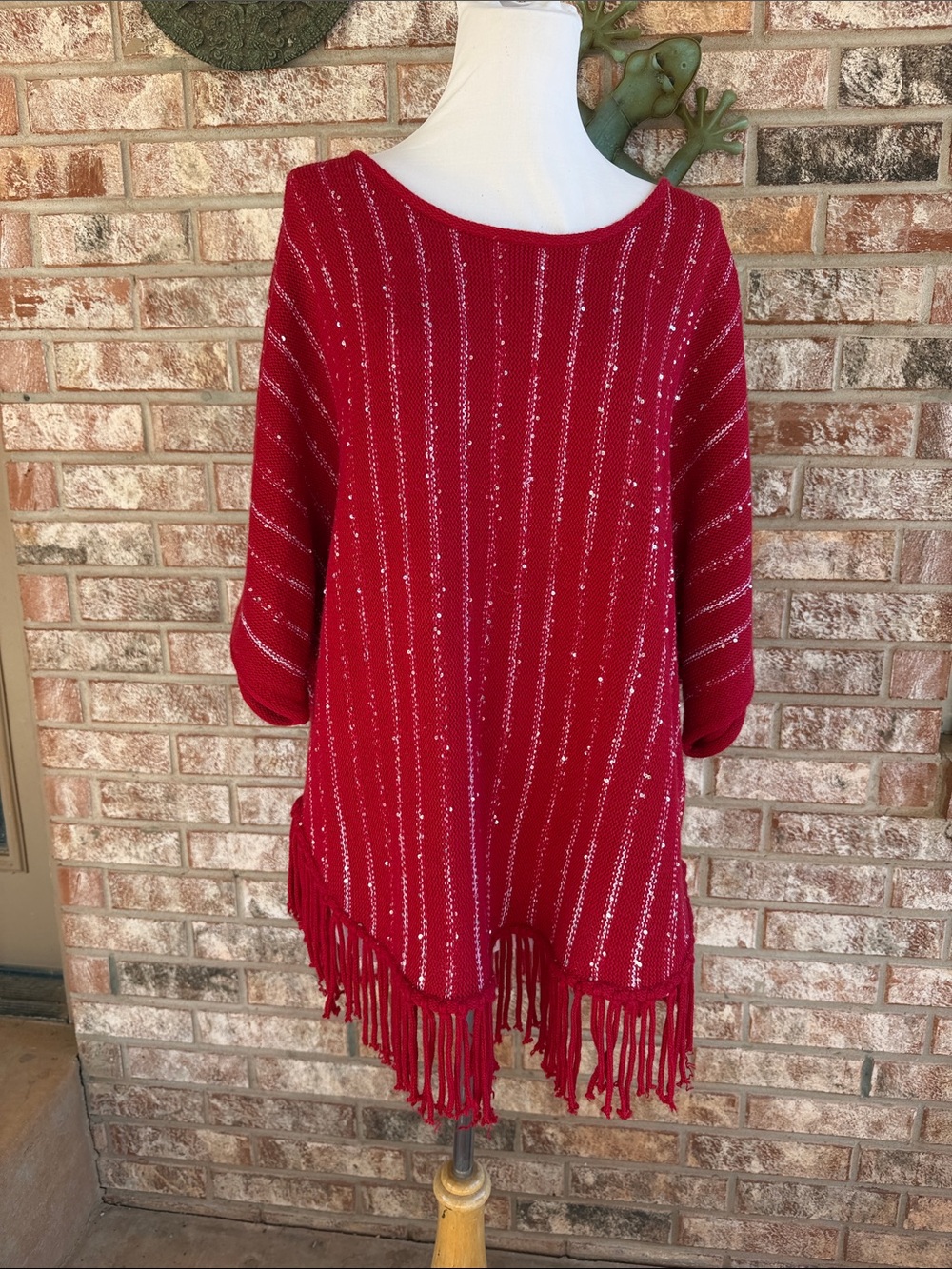 Valerie Stevens Red Metallic-Thread Fringe Poncho Sweater…..306 Hanger